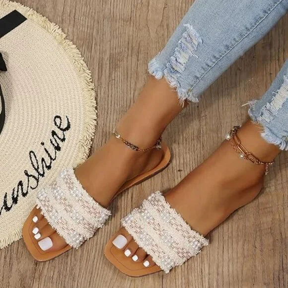 Women's faux pearls decor flat sandals